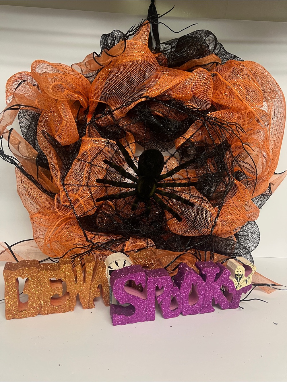 Spooky Halloween Orange & Black Decorative Wreath and 2 Glitter Signs Beware